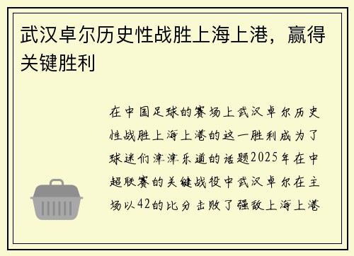 武汉卓尔历史性战胜上海上港，赢得关键胜利