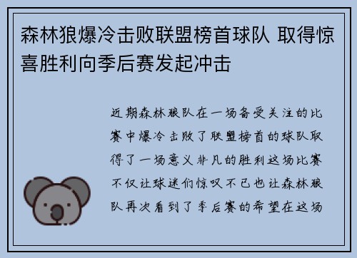 森林狼爆冷击败联盟榜首球队 取得惊喜胜利向季后赛发起冲击
