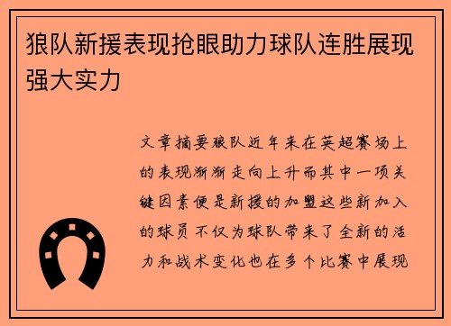 狼队新援表现抢眼助力球队连胜展现强大实力