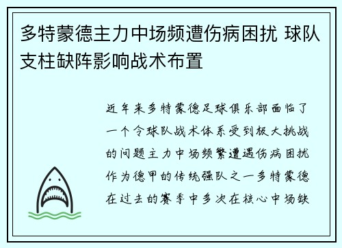 多特蒙德主力中场频遭伤病困扰 球队支柱缺阵影响战术布置